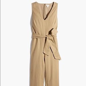 J. Crew Factory Khaki Tan Sleeveless Linen Blend  V-neck Belted Jumpsuit